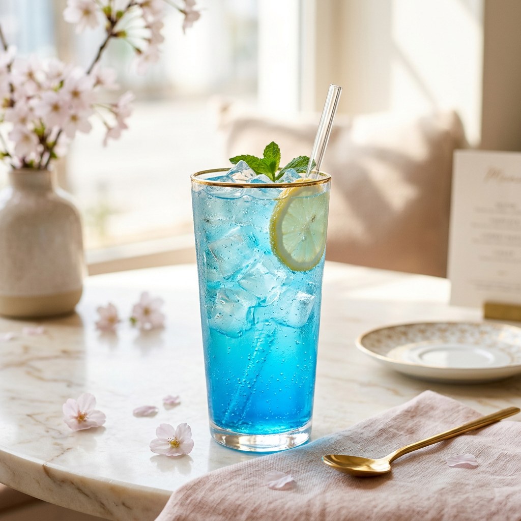 Azure Dream — Blue energy elixir, lychee, coconut cream, and silver shimmer.