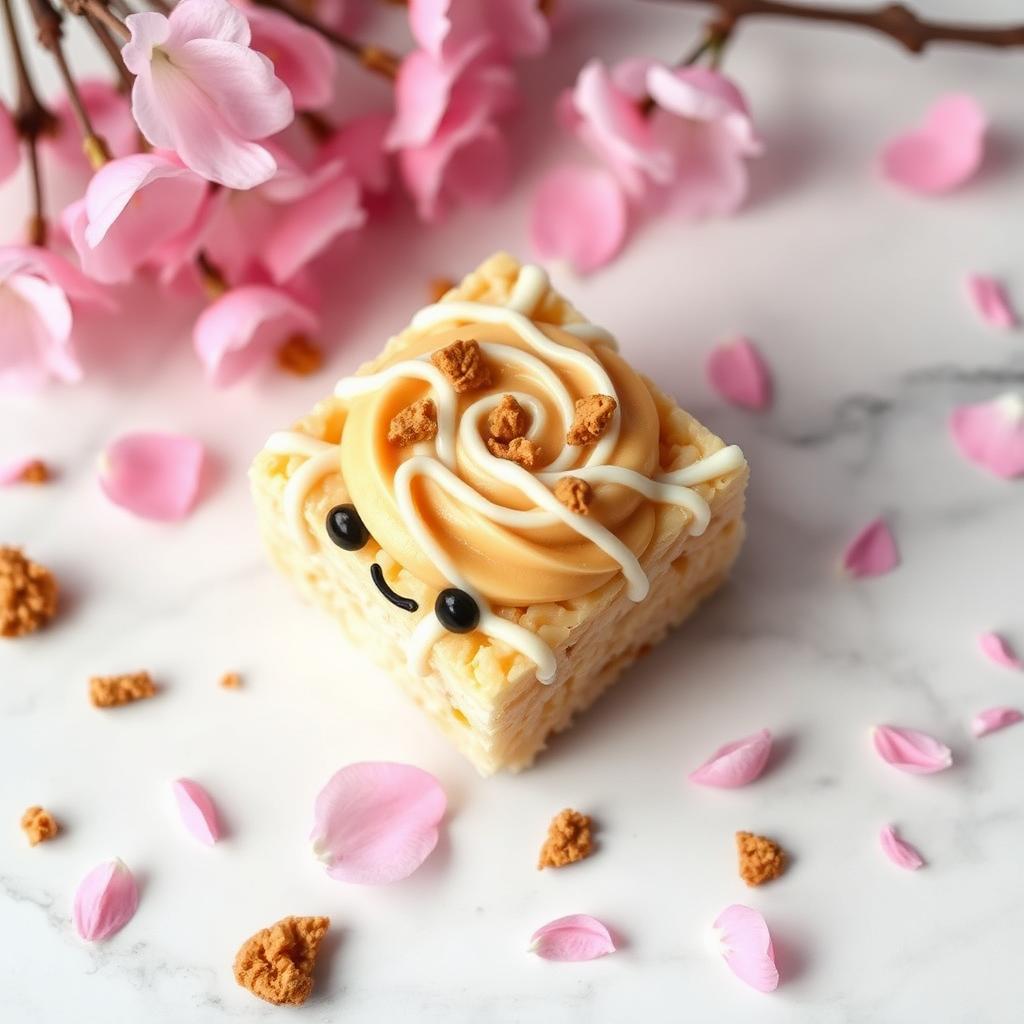 Biscoff Dream rice krispy treat — Biscoff spread swirled base, crushed Biscoff cookies on top, white chocolate drizzle.