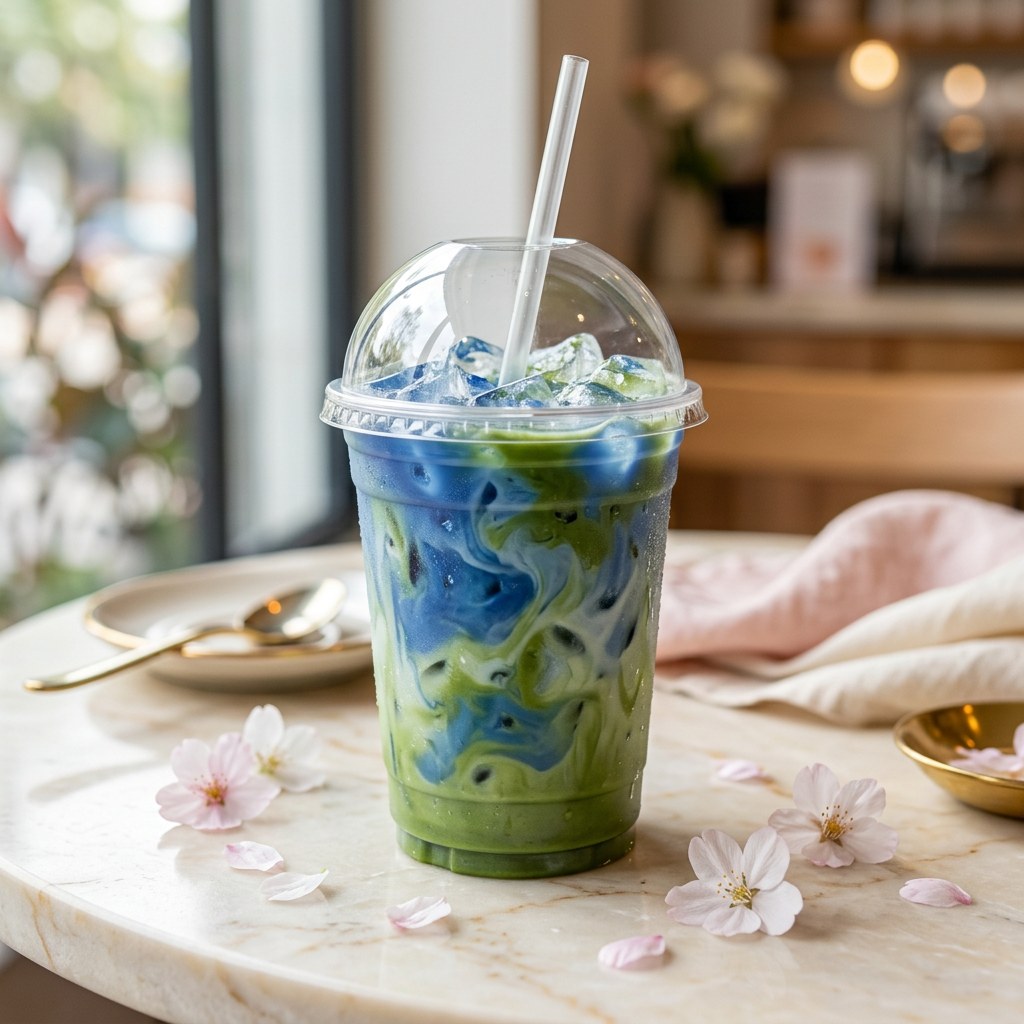 Blue Matcha Swirl — Layered blue butterfly pea and green matcha latte. A two-tone signature.