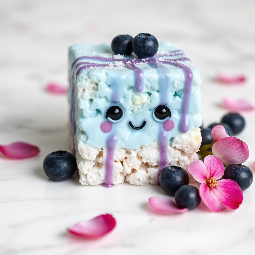 Blue Moon Bar rice krispy treat — Butterfly pea flower tinted blue base, silver luster dust, blueberry drizzle. Color shifts as you eat it.