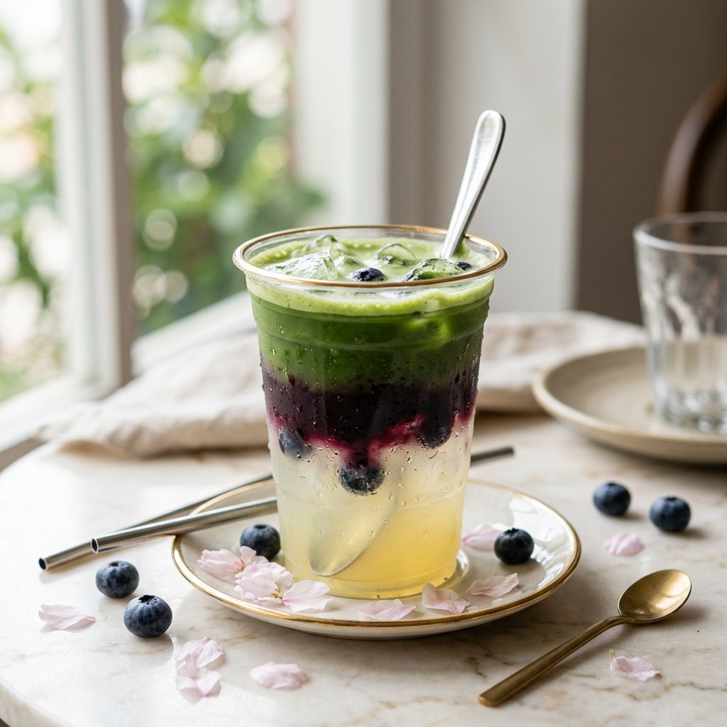 Blueberry Matcha Lemonade — Blueberry lemonade layered with matcha. A jewel-toned pour.