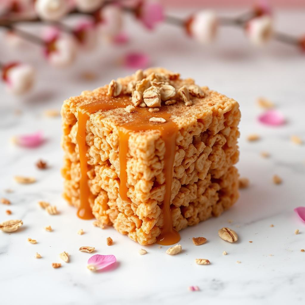 Brown Sugar Oat rice krispy treat — Brown sugar oat base, cinnamon, caramel drizzle, oat crumble topping.