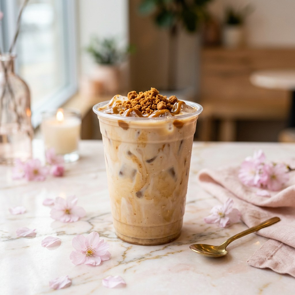 Cookie Butter Latte — Espresso, spiced cookie butter syrup, and milk. Like a warm hug in a cup.