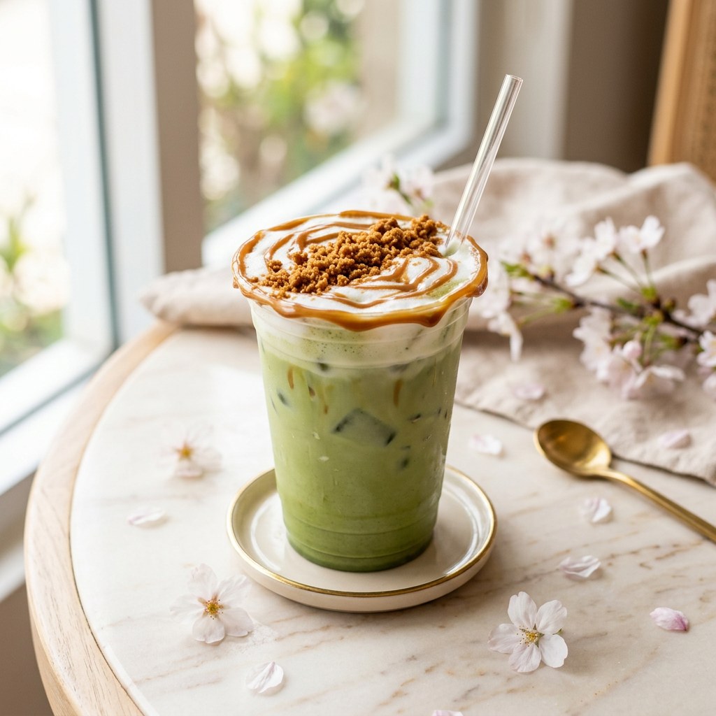 Cookie Butter Matcha — Matcha, spiced cookie butter syrup, and milk. Cozy and unexpected.