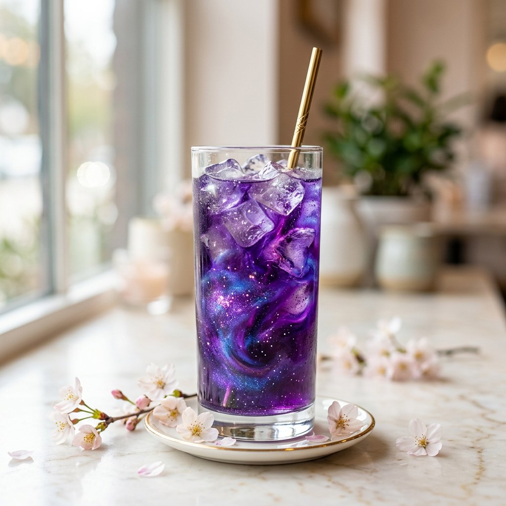Cosmic Kitten — Berry energy elixir, dragon fruit, and edible glitter. A galaxy in a cup.