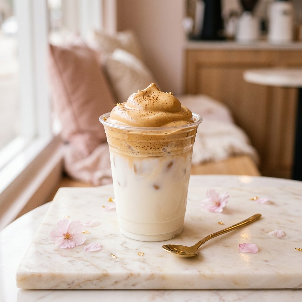 Dalgona Whipped Coffee — Sweet, fluffy whipped coffee cloud layered over cold milk. Sip, then stir.