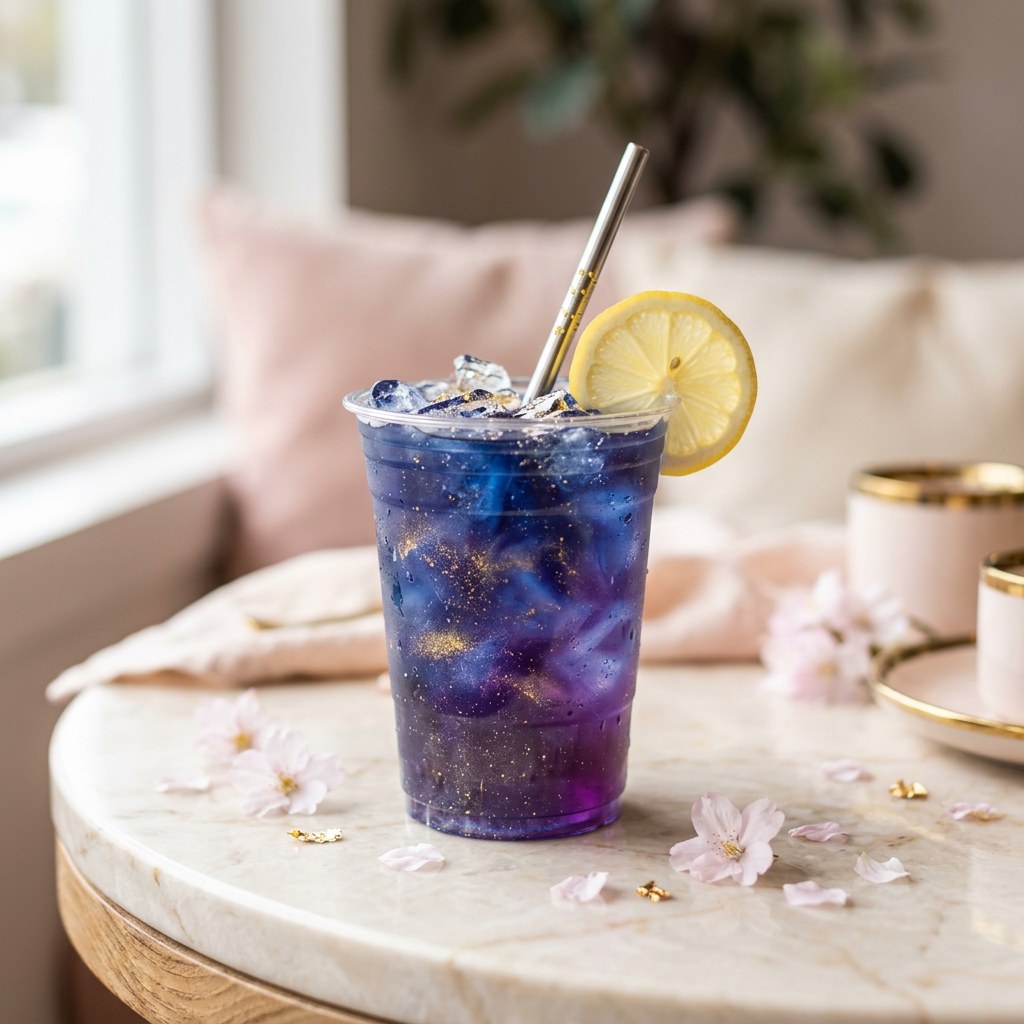 Galaxy Lemonade — Butterfly pea lemonade with edible silver shimmer. Watch it swirl as you stir.
