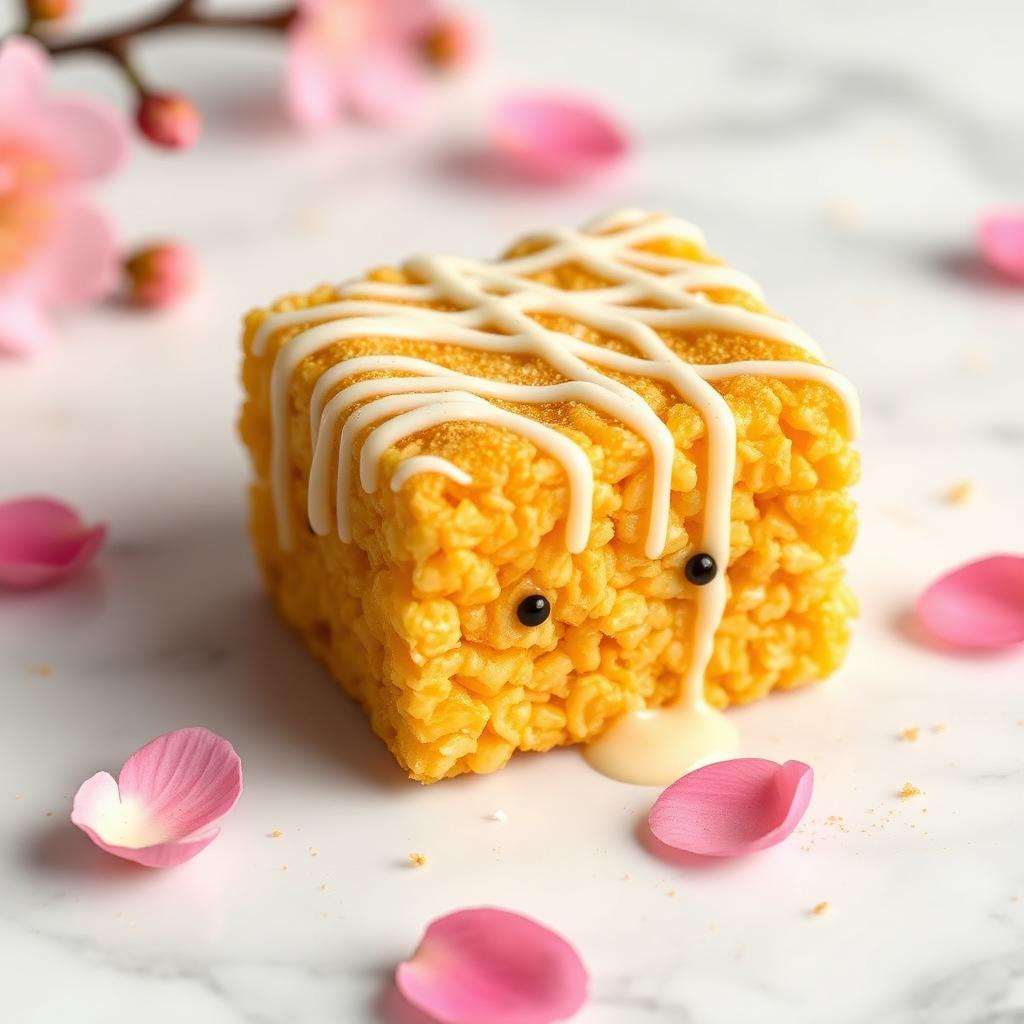 Golden Hour rice krispy treat — Turmeric and honey golden base, white chocolate drizzle, heavy edible gold dust finish.