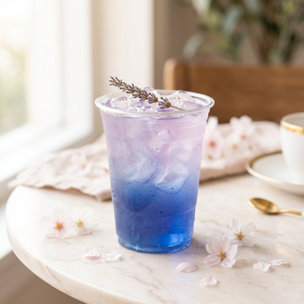 Lavender Dream — Butterfly pea, lavender syrup, and cream. Floral, soft, and beautifully layered.