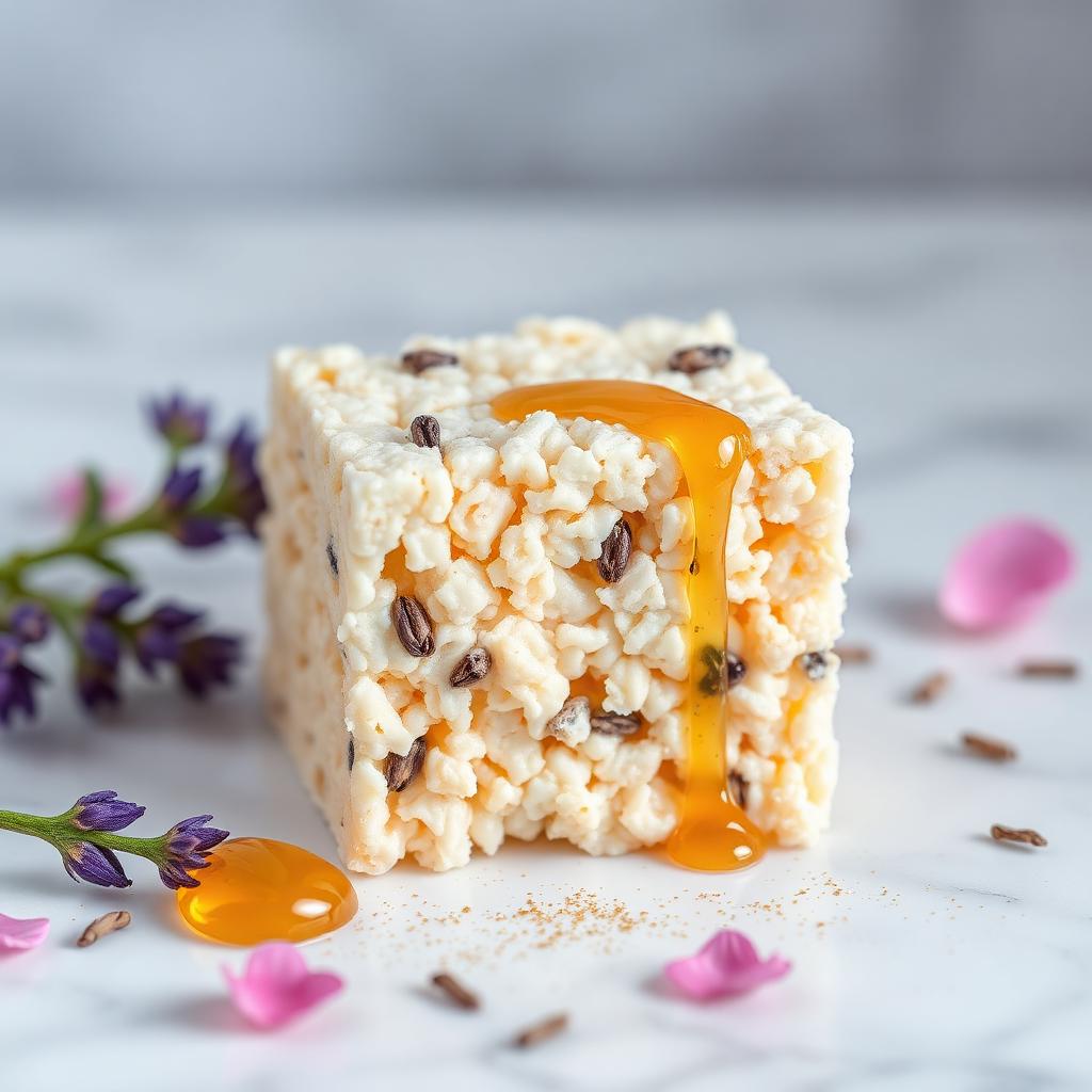 Lavender Honey rice krispy treat — Vanilla base with dried lavender, honey drizzle, gold luster dust finish.