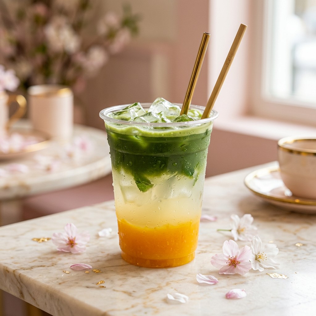 Mango Matcha Lemonade — Mango lemonade with a matcha float. Sweet, tart, and grassy.