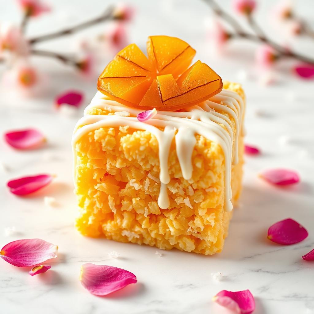 Mango Sticky Rice rice krispy treat — Mango base with coconut, white chocolate drizzle, dried mango piece on top.