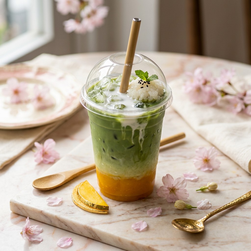 Mango Sticky Rice Matcha — Matcha, mango purée, coconut cream, and sweet rice syrup. Dessert in a cup.