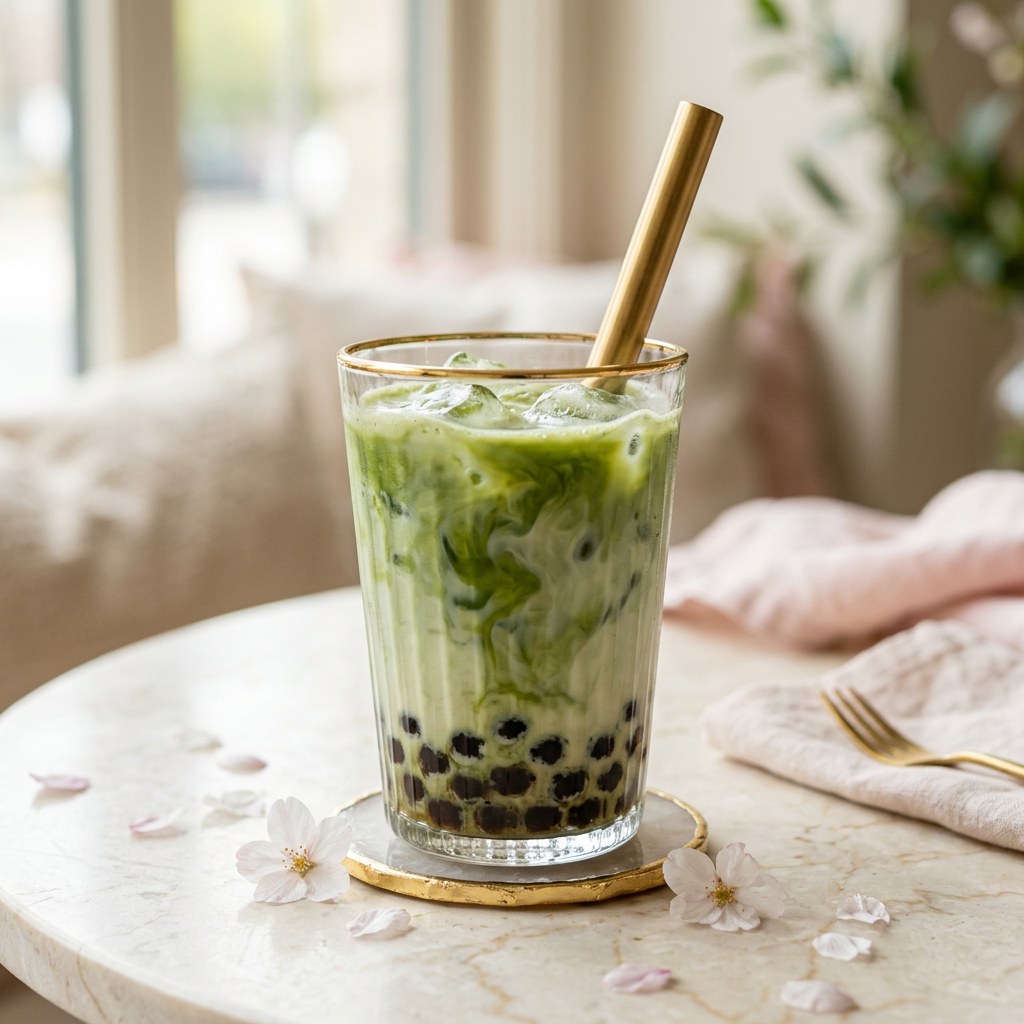 Matcha Boba Latte — Ceremonial matcha, milk, and tapioca pearls.