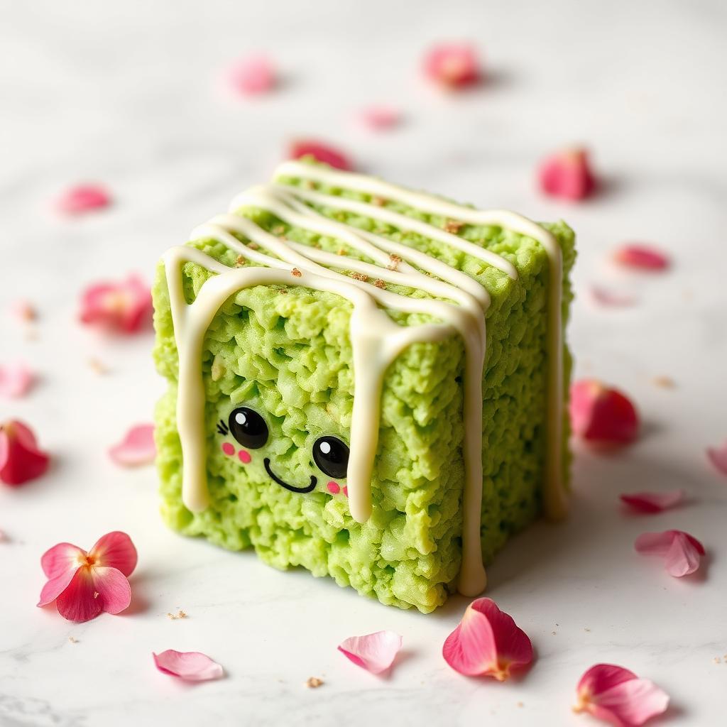 Matcha Meow rice krispy treat — Green tea matcha base, white chocolate drizzle, gold luster dust finish.