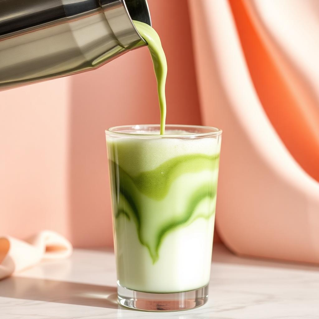Close-up pour of a layered ceremonial matcha drink
