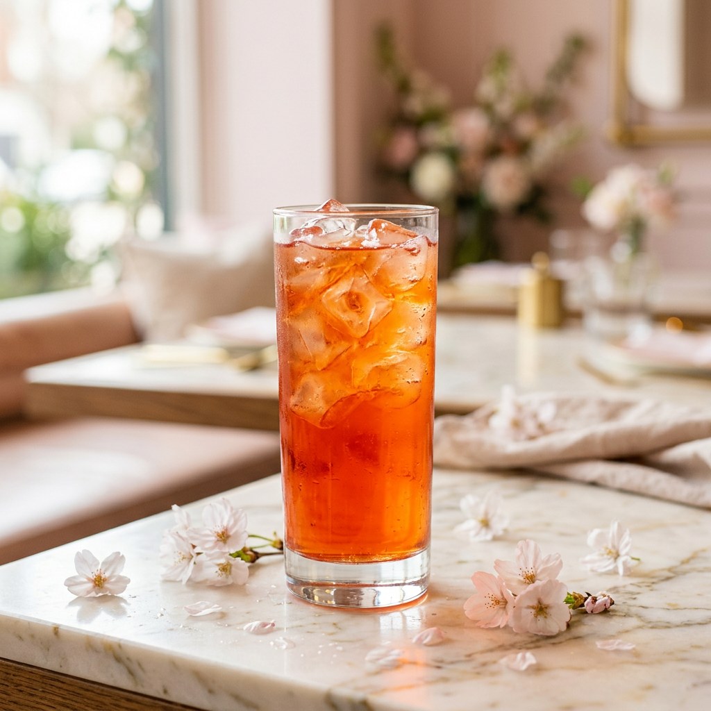 Meow Energy — Mango tropical energy build with gold luster dust, mango popping boba, and a chili-lime rim.