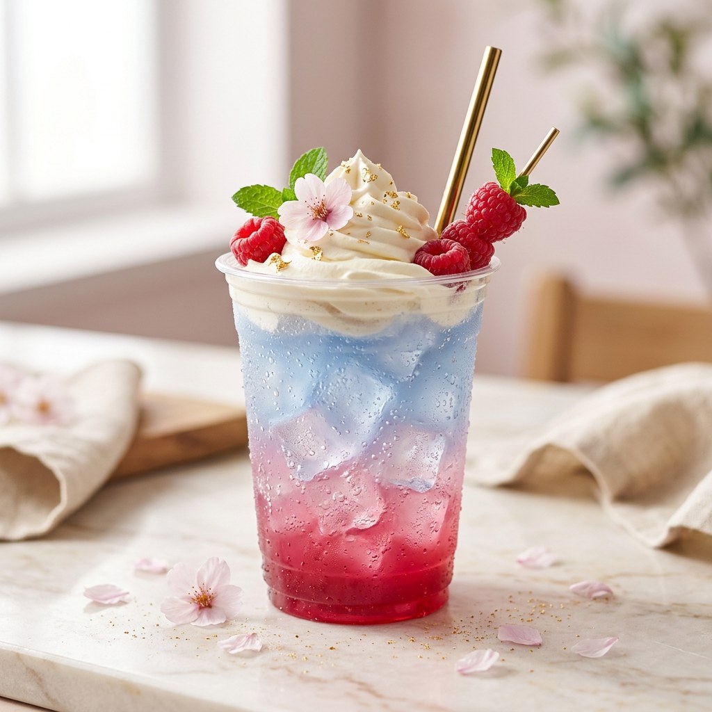 Meow Razz — Sprite, blue raspberry, coconut cream, and lime. Bright and playful.