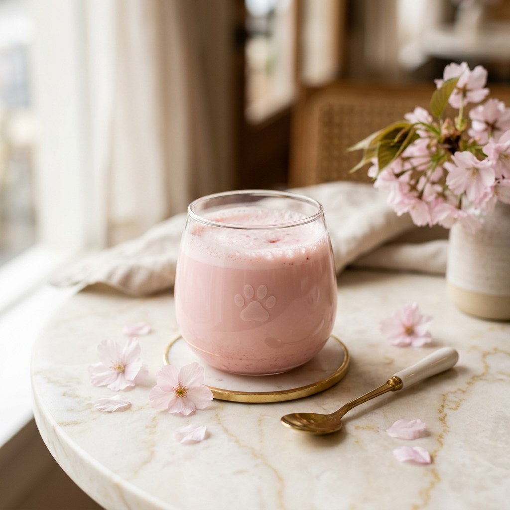 Paw Print Pink — Strawberry lemonade with blush pink popping boba and a paw-print whipped cream top.