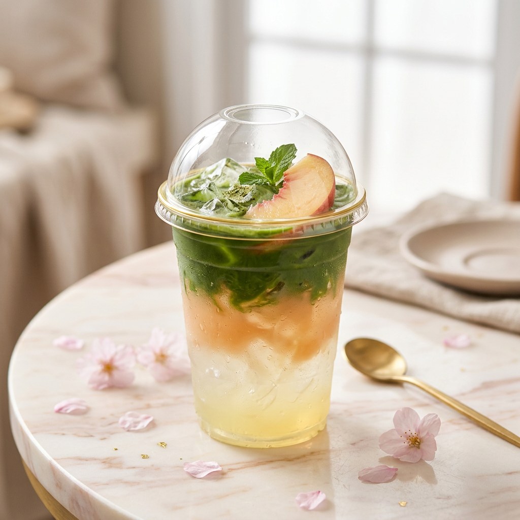 Peach Matcha Lemonade — Peach lemonade with a matcha float. Bright, juicy, and summery.