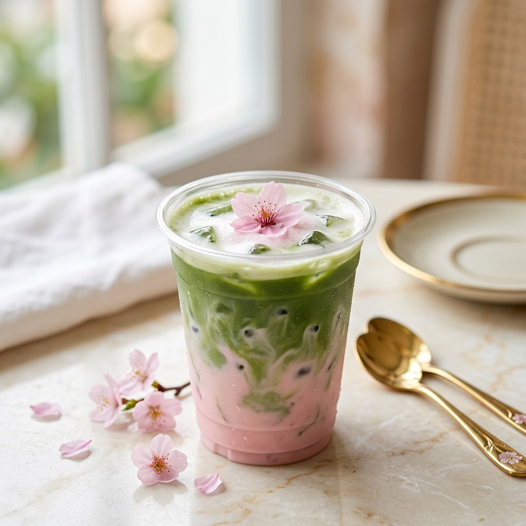 Sakura Matcha — Matcha with cherry blossom syrup and a soft pink milk float.