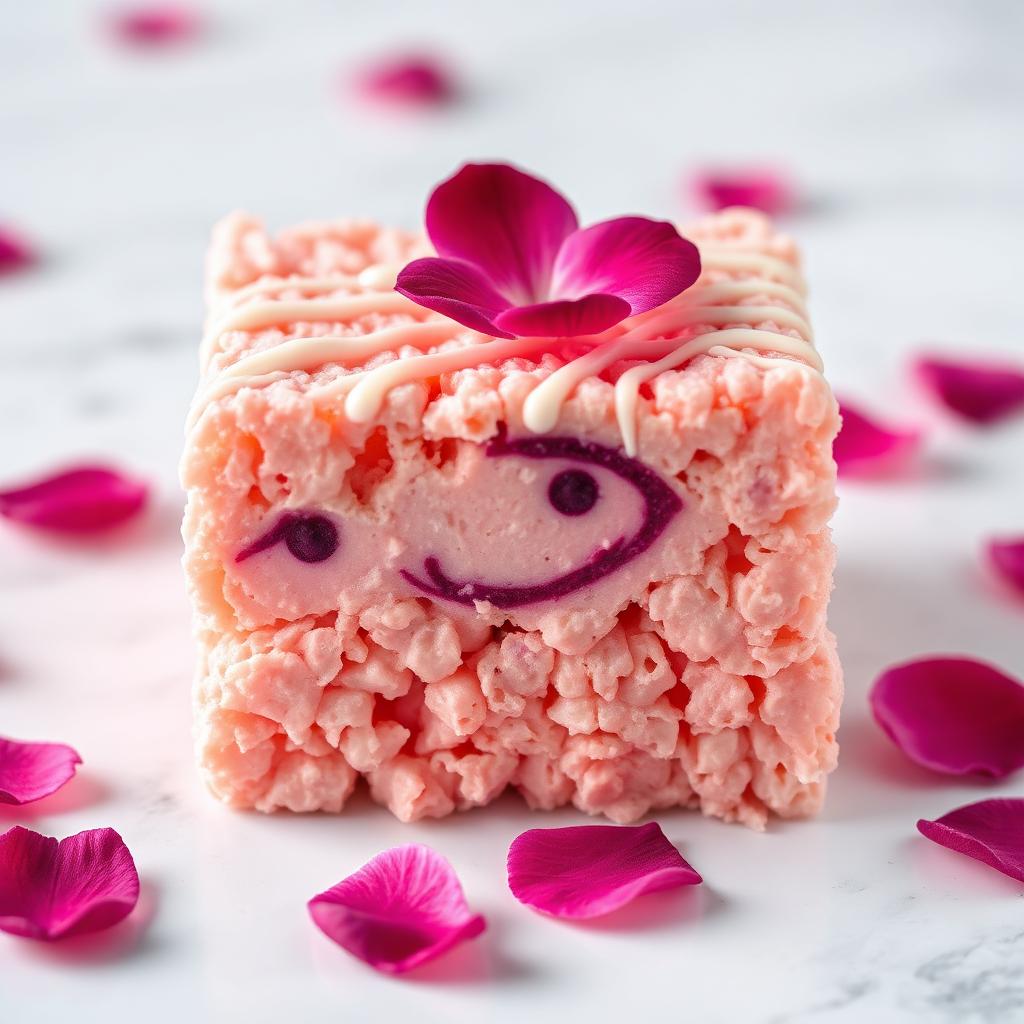 Sakura Rose rice krispy treat — Rose flavored blush pink base, butterfly pea flower color shift, white chocolate drizzle.