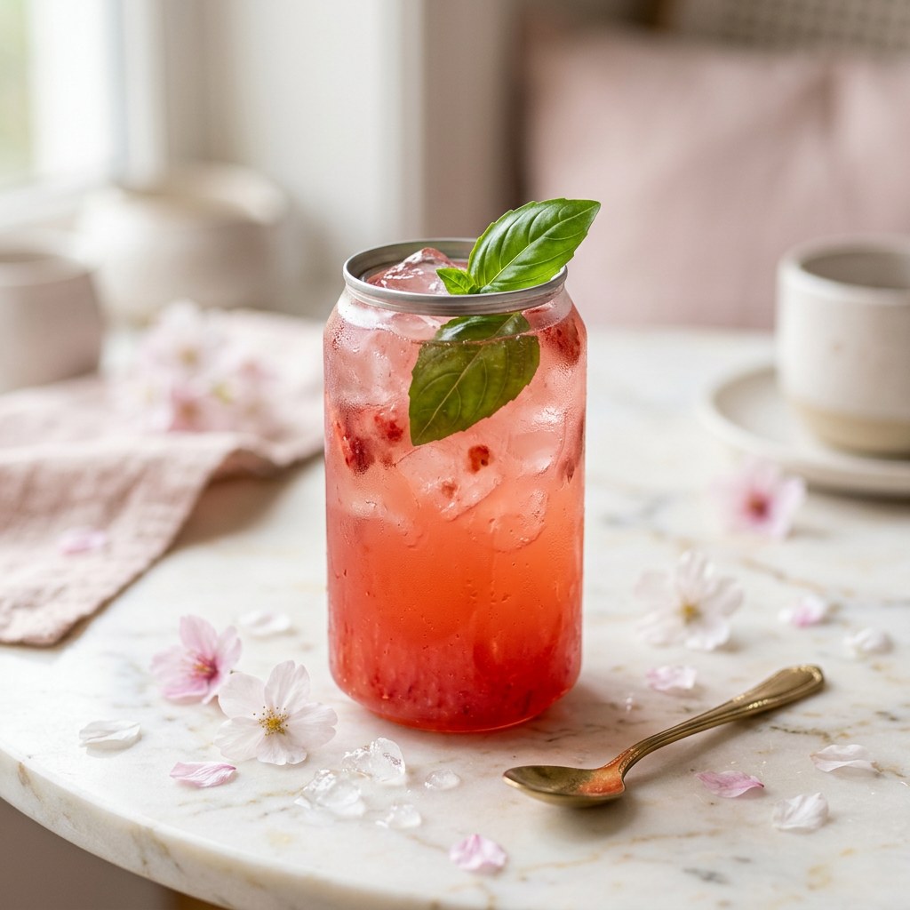 Strawberry Basil Lemonade — Fresh strawberry purée, lemon, and a whisper of basil.