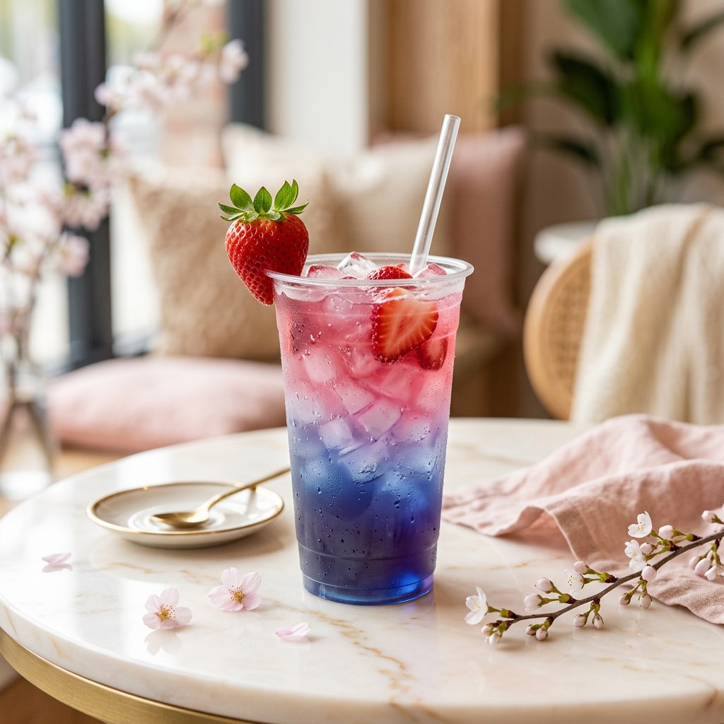 Strawberry Bliss — Butterfly pea topped with fresh strawberry purée. Sunset pink over deep blue.