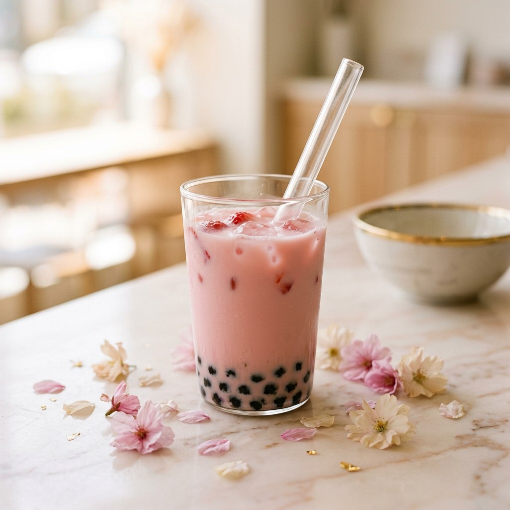 Strawberry Boba — Strawberry milk tea with strawberry popping boba on top.