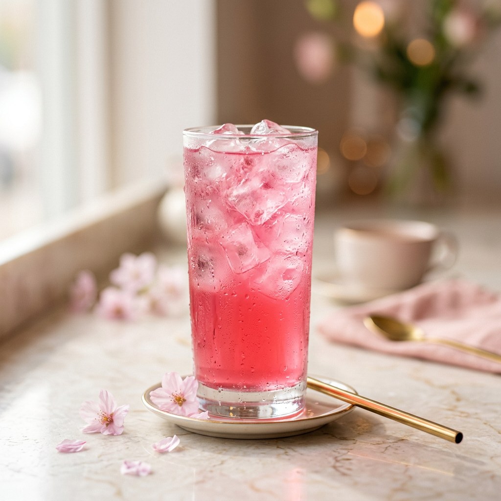 Strawberry Cloud — Pink energy elixir, fresh strawberry, and coconut cream float.