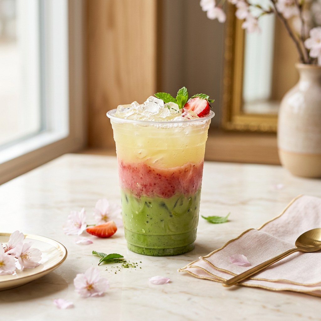 Strawberry Matcha Lemonade — Strawberry lemonade layered under whisked matcha. Pink, green, gorgeous.