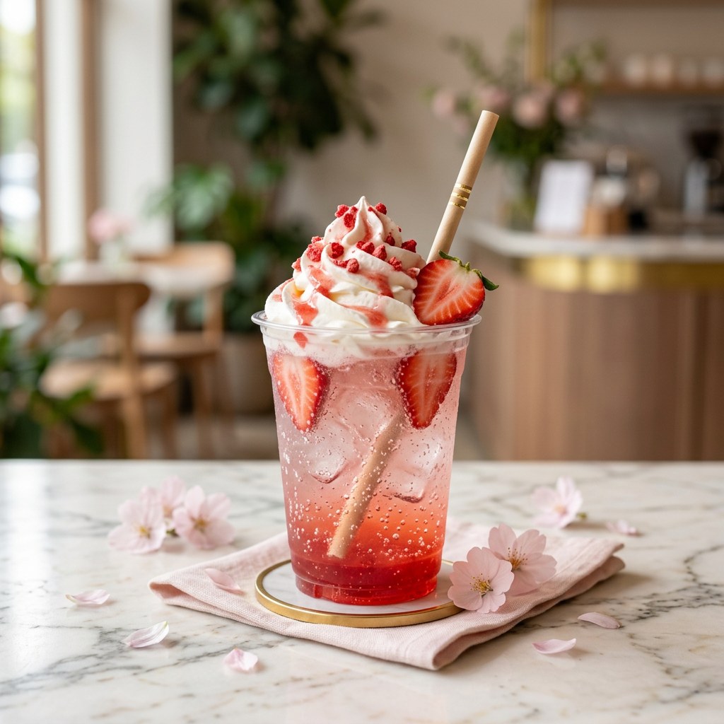 Strawberry Mochi — Cream soda, strawberry purée, sweet rice syrup, and coconut cream.