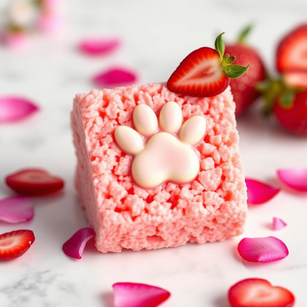 Strawberry Paw Print rice krispy treat — Strawberry blush pink base, white chocolate paw print design on top.
