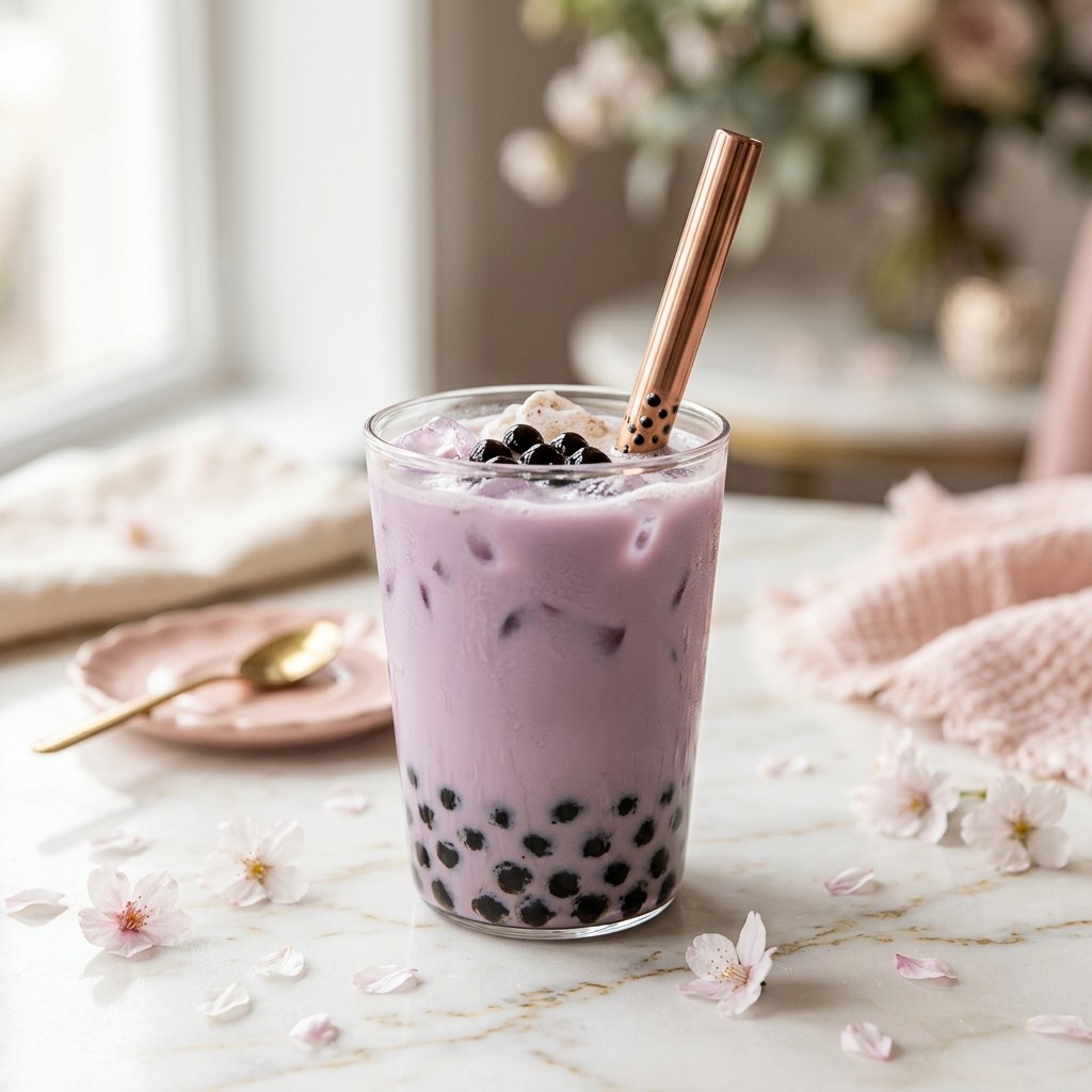 Taro Milk Tea — Creamy taro, milk, and tapioca pearls. Soft, sweet, and lavender-hued.