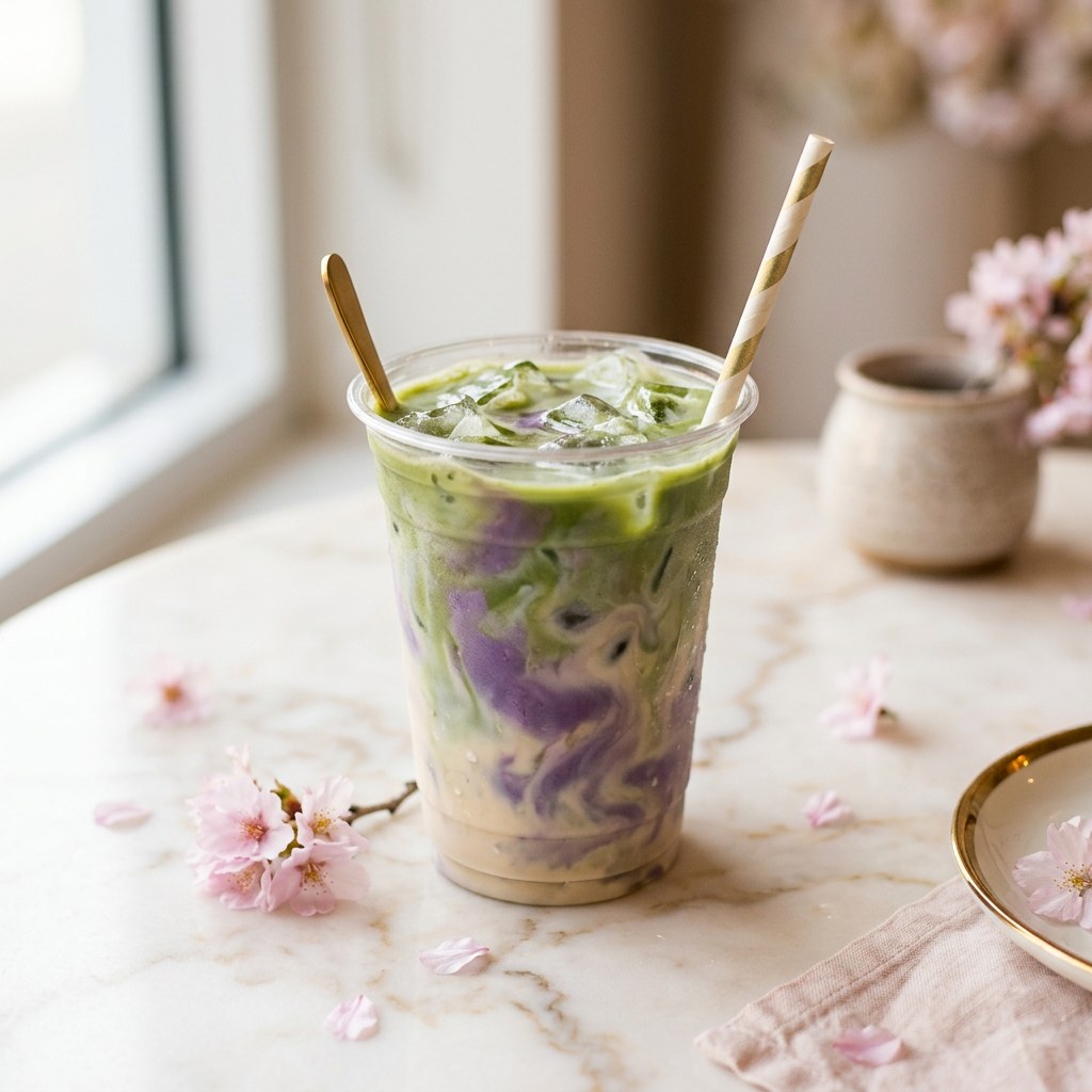 Ube Matcha — Purple ube and green matcha layered together. A wildly beautiful pour.