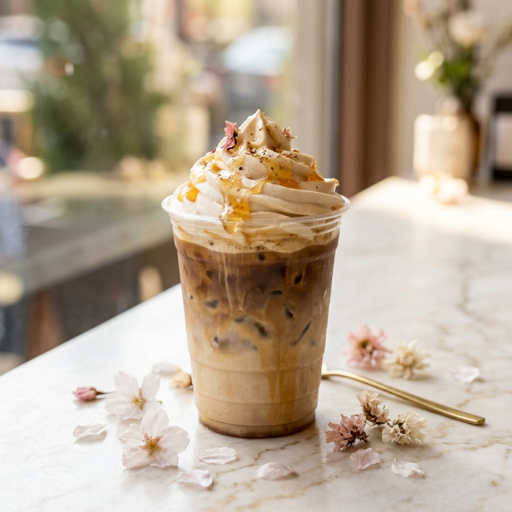 Whipped Honey Latte — Espresso and milk topped with whipped honey cream. Soft, golden, and lightly sweet.